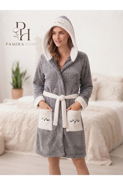 Pamira Kadın Kedi Nakışlı Kapüşonlu Wellsoft I Bornoz & Peluş Sabahlık I Şapk...