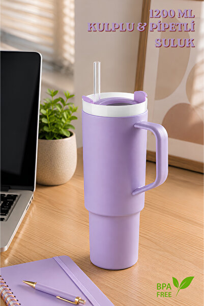 Nandy Home Büyük Boy, Kulplu ve Pipetli 1200Ml. Suluk & Matara - Silikon Apar...
