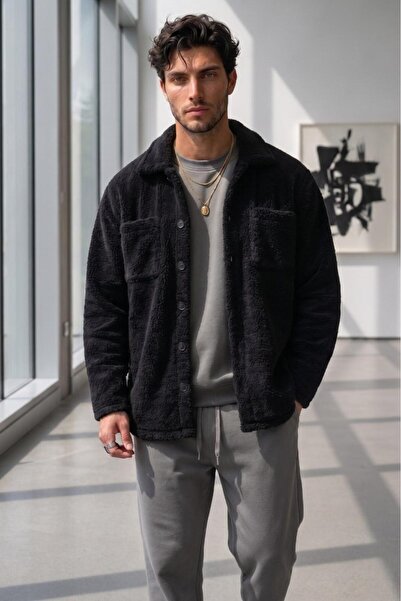CAST COLLECTİON Men's Black Buttoned Plush Jacket