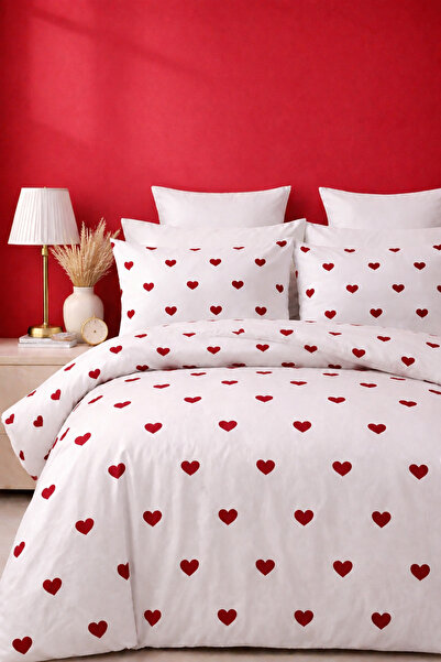 MORE HOME Double Duvet Cover Set with Elastic Sheets and Heart Pattern in Whi...