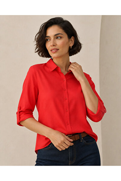 Nuevo Women's Red Long Sleeve Folded Sleeve Linen Buttoned Basic Shirt - Comf...