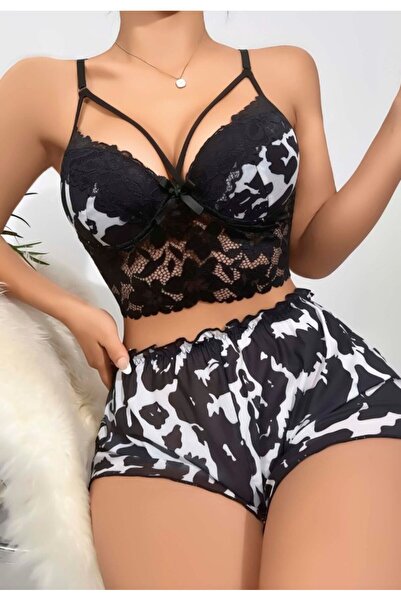 R RUSELİN Kadın Siyah Leopar desenli Dantel detaylı Şortlu Gecelik Pijama Takımı