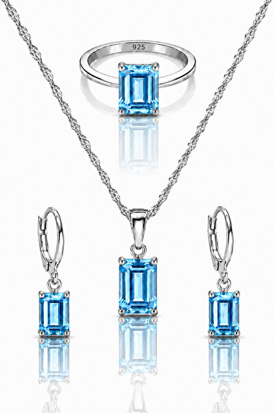 OSMANLI GÜMÜŞ Kadın 925 Ayar Gümüş Set Blue Topaz Baget Kesim Kolye Küpe Yüzü...