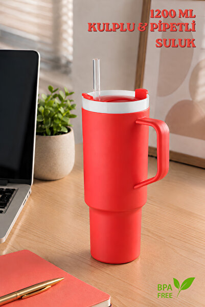 Nandy Home Büyük Boy, Kulplu ve Pipetli 1200Ml. Suluk & Matara - Silikon Apar...