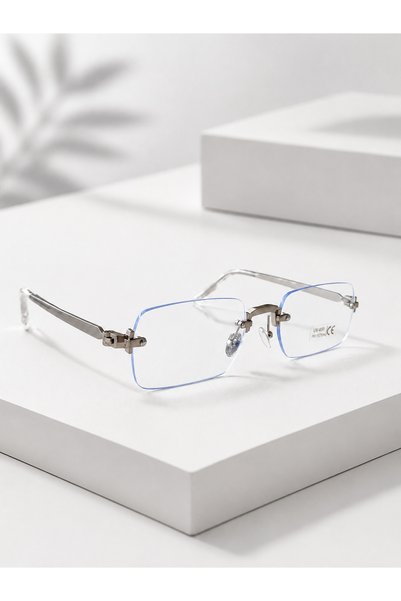 PİYESBOUTİQUE Ares Silver Silver Square Rectangular 56 Ekartman Metal Transparent Men's Blue Light Protection Screen Glasses Eyewear