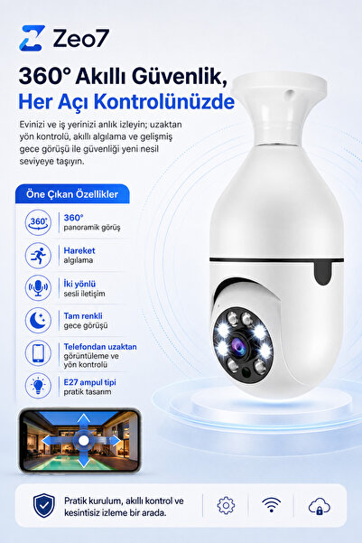 Zeo7 360° Wi-Fi Akıllı Ampul Kamera E27 Gece Görüşlü Hareket Algılamalı Çift ...