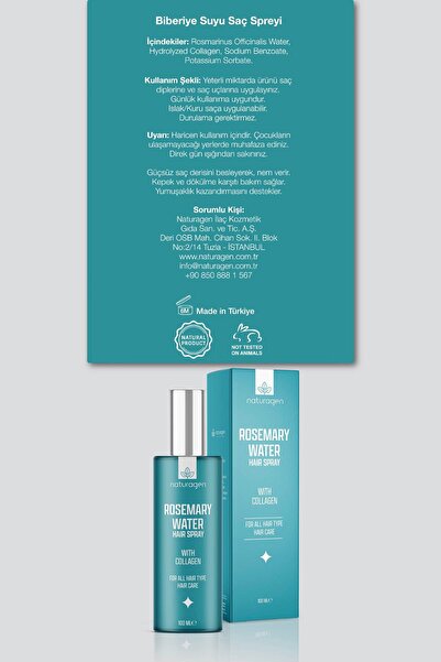 Naturagen Rosemary Water Biberiye Suyu Saç Toniği Sprey 100 ml | Kolajen İçerikli | %100 Doğal Biberiye Mayalı