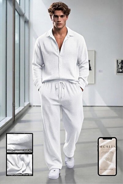 NO 601 Men's White Summer Muslin Shirt and White Trousers Set