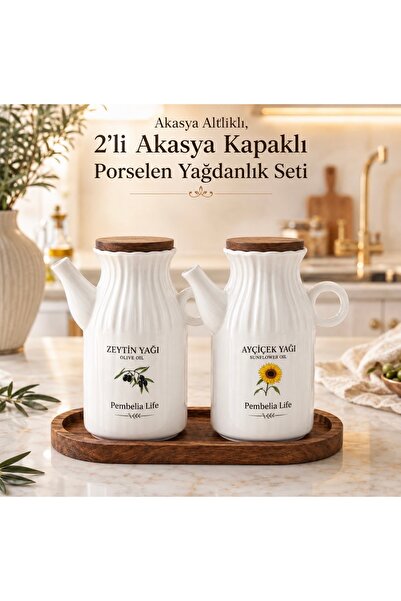 Pembelia Life Akasya Standlı 2’li Porselen 1000 ml Yağdanlık Seti Yağlık Sirk...