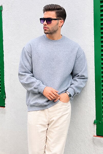 Madmext Gray Crew Neck Oversize Raised Basic Men's Sweatshirt 6048