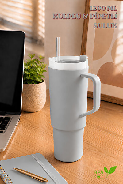Nandy Home Büyük Boy, Kulplu ve Pipetli 1200Ml. Suluk & Matara - Silikon Apar...