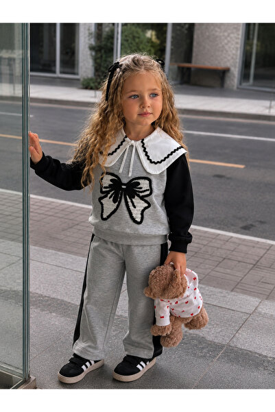 Minigimin Cicileri 3-Piece Girls' Set with Bow Embroidered Collar - Gray