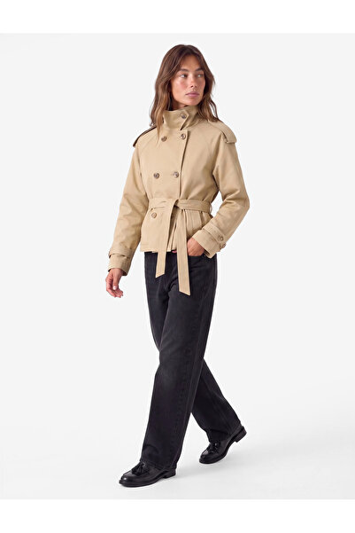 Koton Gabardin Kemerli Cepli Dik Yaka Reglan Kollu Kruvaze Trençkot