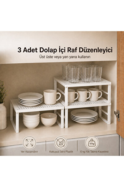 ORGANİZERS 3 Adet Dolap İçi Düzenleyici Raf Tabak Bardak Rafı Sert Kokusuz Pl...
