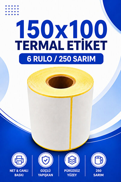 Küresel Etiket Barkod 150X100Mm Thermal Label 6 Rolls 250 Wraps Without Ribbo...