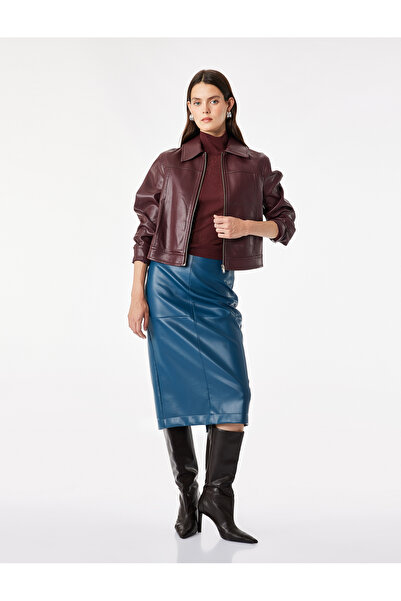 Koton Normal Waist Slit Detailed Faux Leather Midi Pencil Skirt