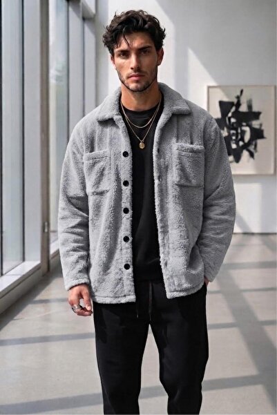 CAST COLLECTİON Men's Gray Buttoned Plush Jacket