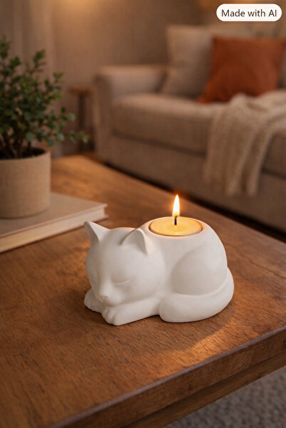 BYRM Dekoratif Kedi Figürlü Mumluk – Minimalist Beyaz Modern Tasarım Tealight...