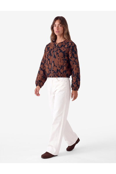 Koton Crew Neck Zippered Viscose Blend Floral Bomber Jacket with Pockets