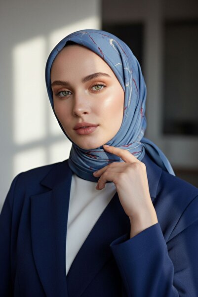 Vissona KREP MERMER DESENLİ İNDİGO RENKLİ 75X195 KIRIŞMAZ ŞAL