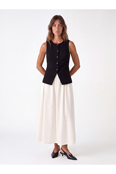 Koton Buttoned Color Block Pocket Detailed Sleeveless Crew Neck Vest Long Dress