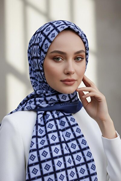 Vissona KREP KARE DESENLİ İNDİGO RENKLİ 75X195 KIRIŞMAZ ŞAL