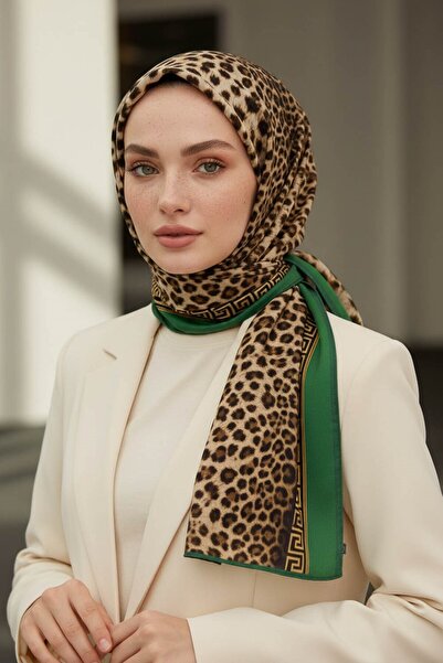 Vissona KREP BAROK BARDÜRLÜ LEOPAR DESENLİ HARDAL - ZÜMRÜT YEŞİLİ RENKLİ 75X1...