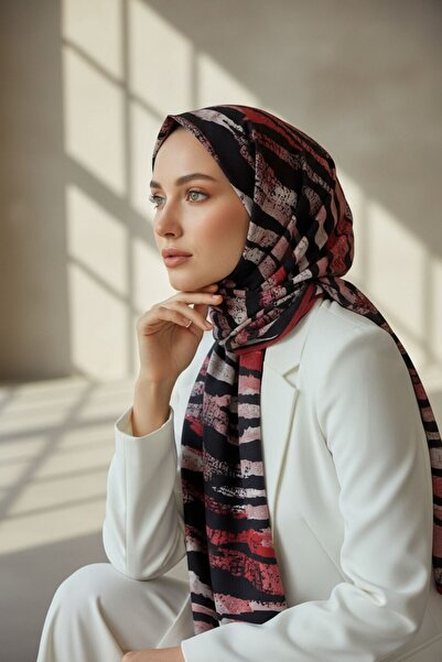 Vissona KREP ZEBRA DESENLİ BORDO - SİYAH RENKLİ 75X195 KIRIŞMAZ ŞAL