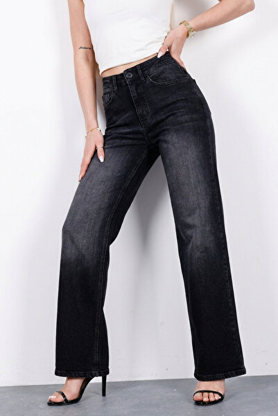 HLT JEANS Antrasit Kadın Wide Leg Jean Yüksek Bel Palazzo Likralı Esnek Kot P...