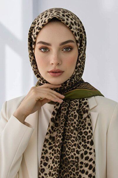 Vissona KREP BAROK BARDÜRLÜ LEOPAR DESENLİ BEJ - HAKİ RENKLİ 75X195 KIRIŞMAZ ŞAL