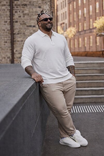 Maccali Men's Plus Size Basic White Zippered Sweatshirt