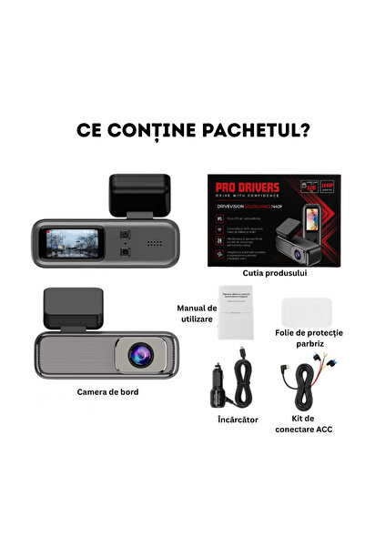 ProDrivers Cameră de bord DriveVision SoloGuard 2K, Quad HD, Wi-Fi, aplicație mobilă, 12V