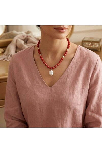 Leyandoğaltaş Leyan Natural Stone Pearl Detailed 8 mm Coral Red Necklace