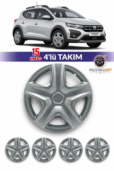 Kotanjant DACİA SANDERO STEPWAY 15 İnç Jant Kapağı 4'lü Set Gümüş + 4 Amblem ...