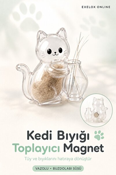 Exelox Tüy Doldurulabilen Kedi Bıyığı Toplayıcı Vazolu Buzdolabı Süsü Bıyık B...