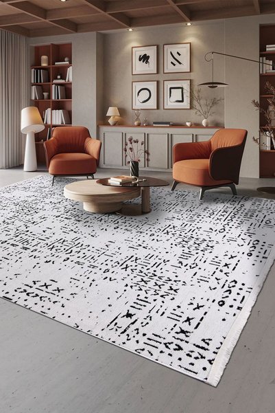 Nova Deco LUXİA-Beyaz/Siyah- Özel Ölçü-Oturma Odası, Mutfak ve Koridor Halısı...