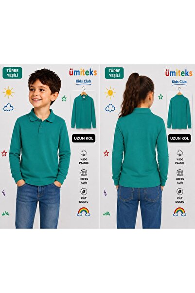 ümitteks iş ve okul kıyafetleri Tricou unisex pentru copii, verde, cu guler p...