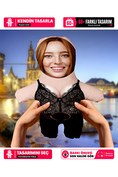 Motto Gift Kişiye Özel Fotoğraflı Siyah Büstiyerli Peluş Oyuncak Yastık - 25c...
