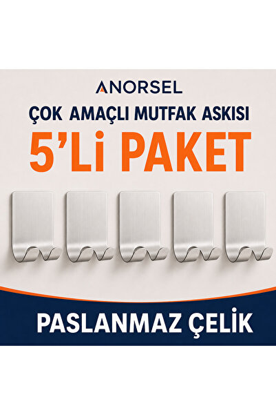 Anorsel 5 Adet Çok Amaçlı Yapışkanlı Askı Organizer Paslanmaz 304 Çelik 3m ya...