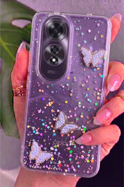Rivor Oppo A60 Uyumlu Kılıf Kamera Çıkıntılı Simli Kelebek Kabartmalı Desenli...