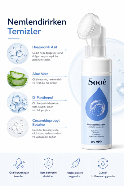 Sooê Fırça Başlıklı Yüz Temizleme Köpüğü 200 ml – Ultra Yumuşak, Hassas Ciltler İçin