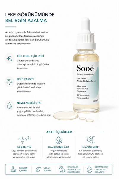 Sooê Leke Karşıtı Arbutin Cilt Bakım Serum (arbutin %2 + Hyaluronic Acid) 30 ml