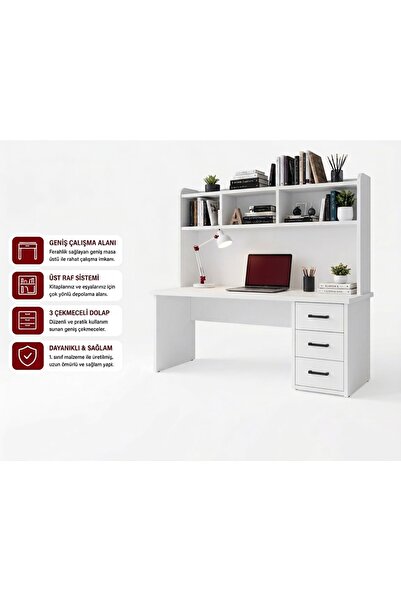 Mdf Dekor %100 MDF Çalışma Masası | Kitaplıklı | 3 Çekmeceli | Geniş Çalışma ...