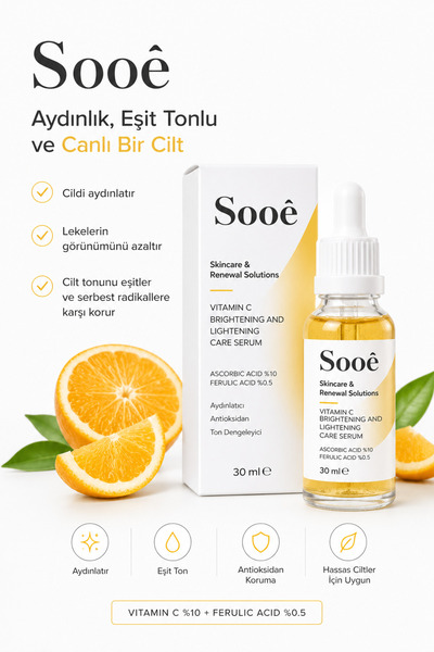 Sooê C Vitamini Serumu %10 Ascorbic Acid + %0,5 Ferulic Acid 30 ml | Leke Karşıtı Aydınlatıcı Cilt Tonu Eşitleyici Serum