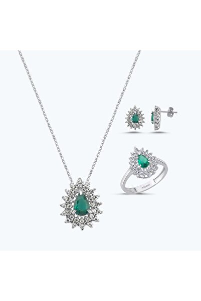 Altınbaş Yeşil Taşlı Altın Üçlü Damla Set