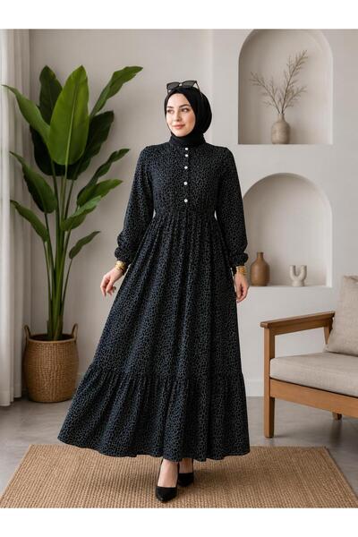 HANEDAN TESETTÜR HAKİM YAKA YARIM DÜĞMELİ BELİ BAĞLAMALI DESENLİ TESETTÜR VİS...