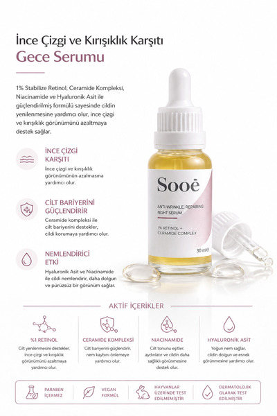 Sooê Retinol Serum %1 Retinol + Ceramide Complex 30 ml | Kırışıklık Karşıtı Gece Serumu | Onarıcı ve Yenileyici Cilt Bakımı