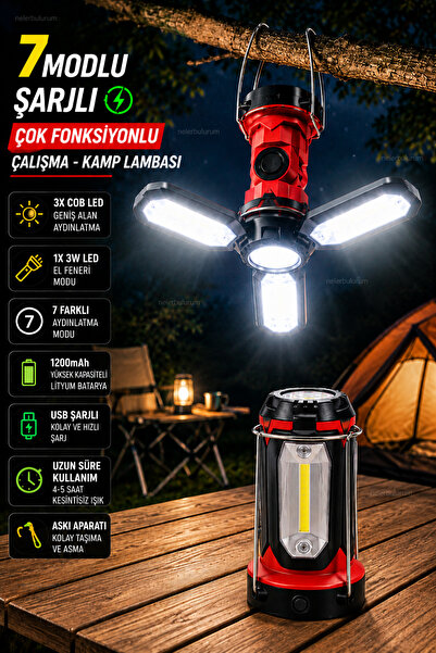 nelerbulurum 7 MODLU ŞARJLI KATLANABİLİR 3XCOB LED+ 3W LED + 1 WATT EL FENERİ...