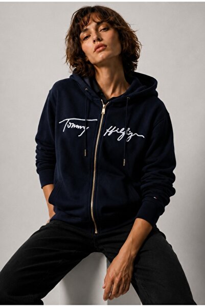 Tommy Hilfiger Embroidery Detailed Zippered Comfortable Hooded Women's Top