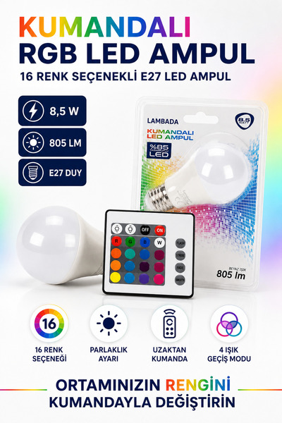 Trendhane Kumandalı RGB LED Ampul 8,5W E27 16 Renk Değiştiren Enerji Tasarruf...